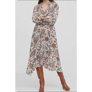 Banana Republic Paisley Boho Tie Neck Midi Dress Long Sleeve Flowy Size 14